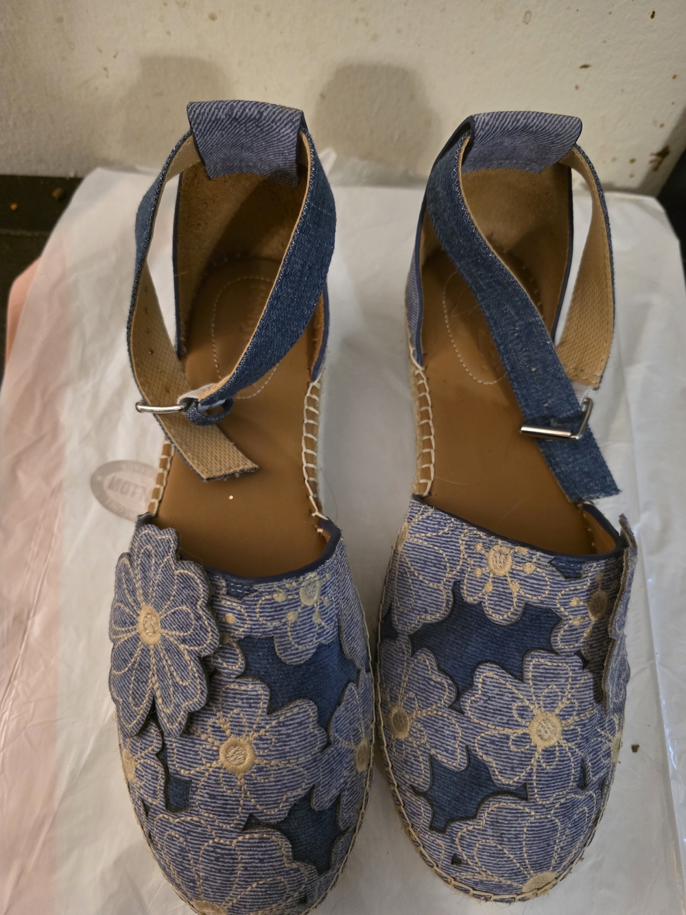 See By Chloe Denim Blue Floral Espadrille Wedges with Ankle Strap